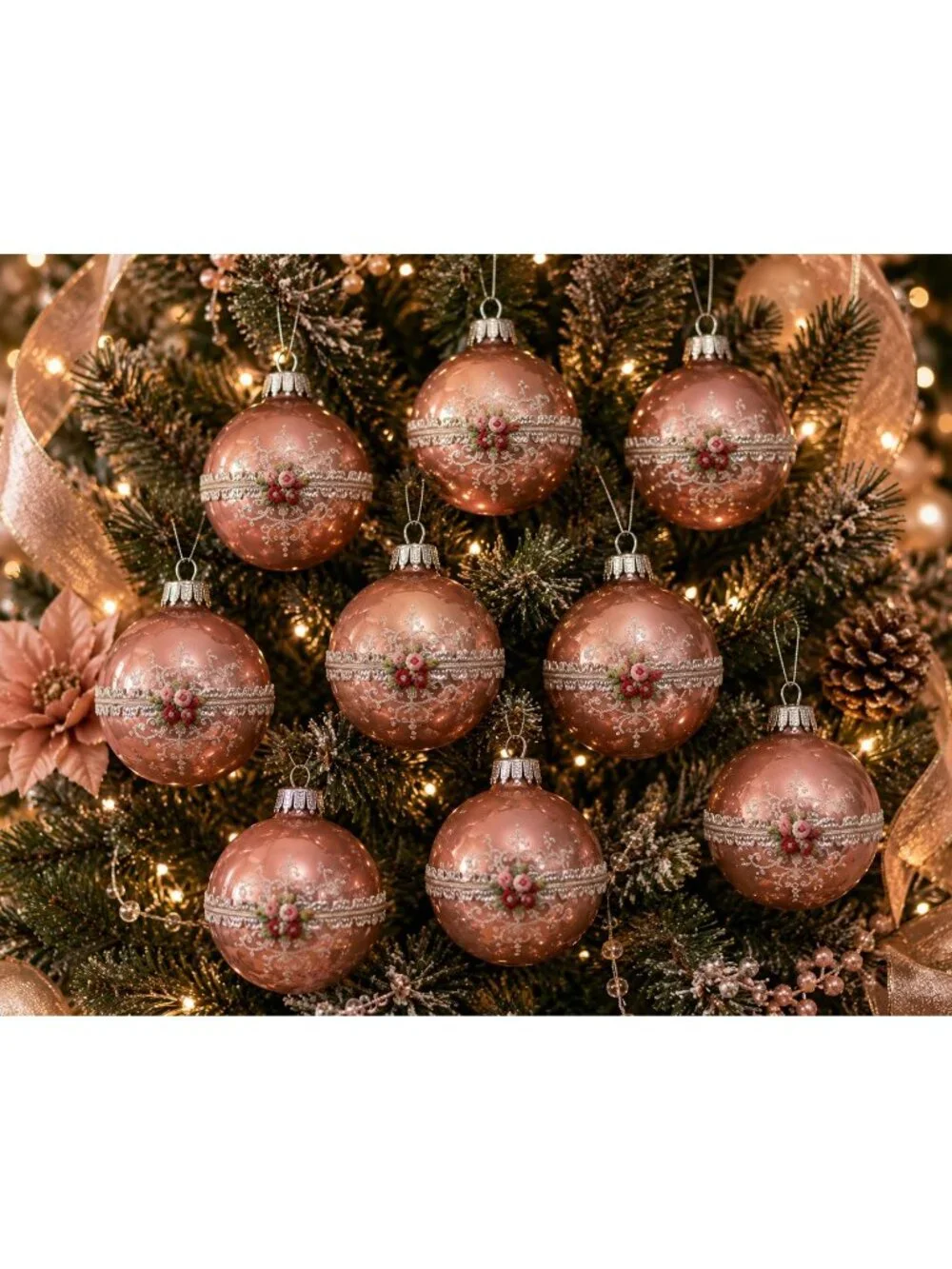 Vintage Pink Glass Christmas Ornaments Set of 9 Floral Ribbon Glitter 2.5-3
